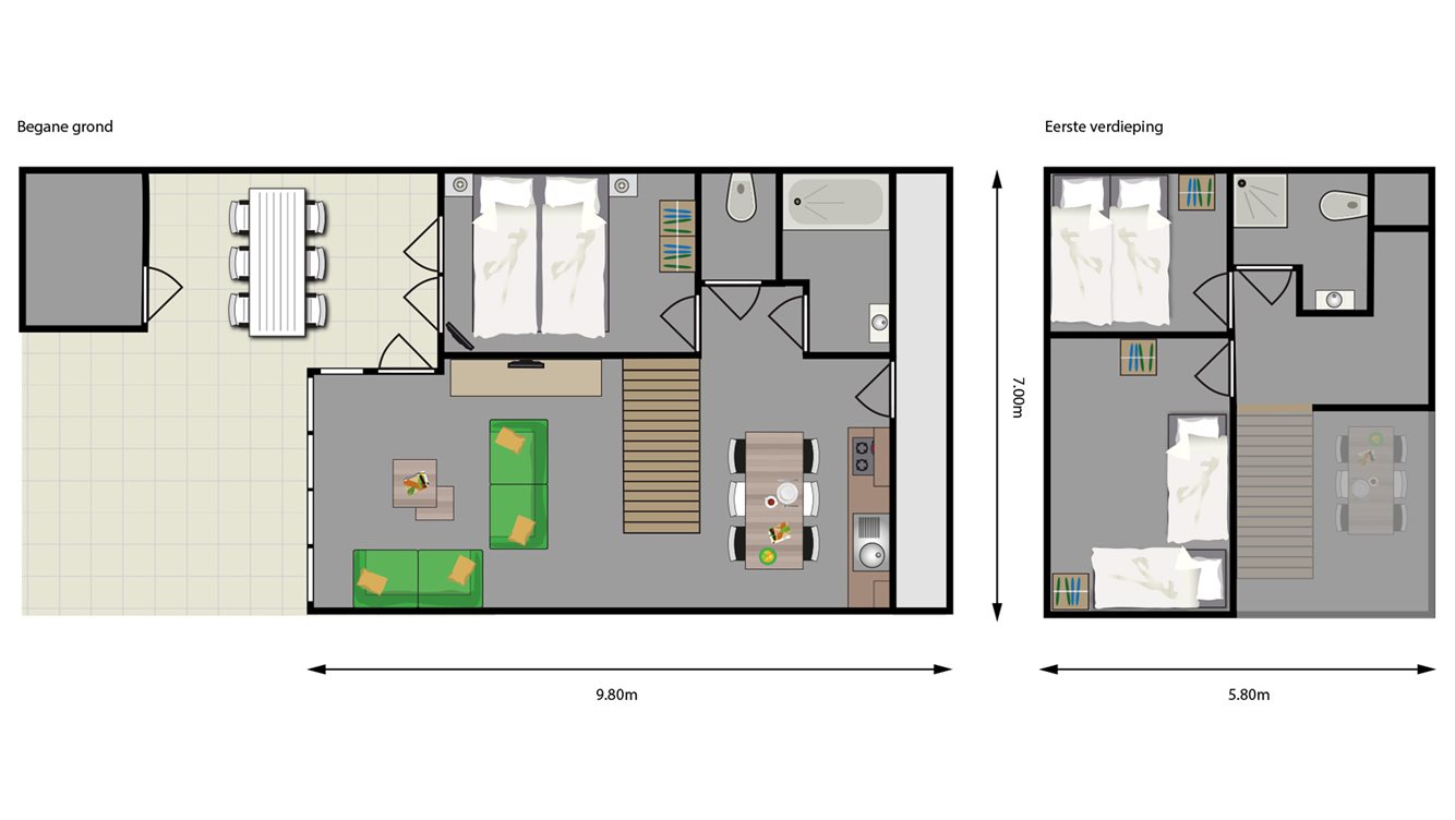 6pers vakantiehuisje Duinhuisje Molecaten Park Noordduinen plattegrond