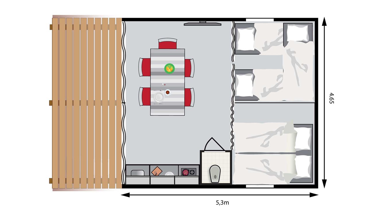 5pers kampeer cabin Vlinder Molecaten Park Waterbos plattegrond